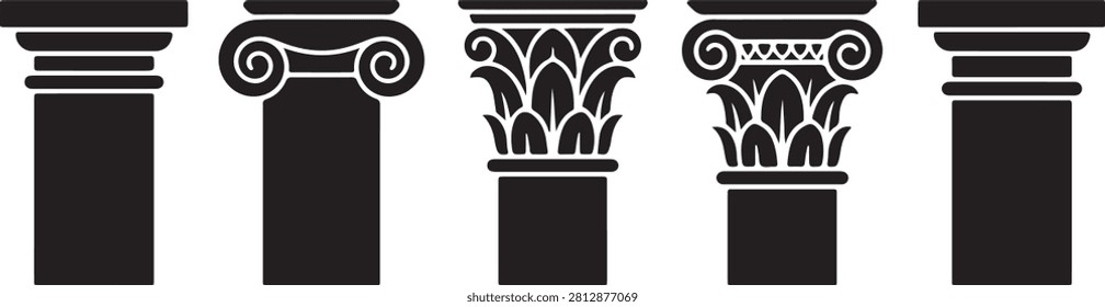 Minimalist vector icon set featuring black silhouettes of classical architectural column capitals and pillars, showcasing different ancient styles including Doric, Ionic, Corinthian, and Composite orders isolated on a white background.