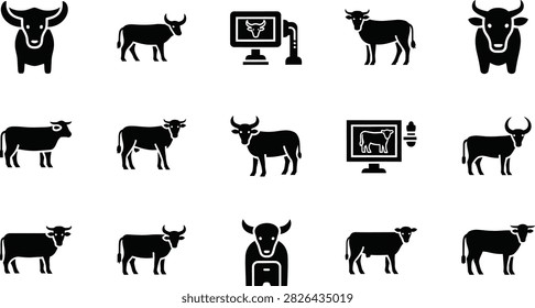 Minimalist vector icon set featuring various cow silhouettes and veterinary ultrasound diagnostic technology for modern design