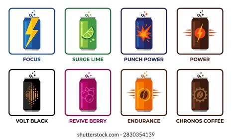 Minimalist vector icon set featuring eight energy drink cans with unique labels like Focus and Chronos Coffee arranged in a clean grid.
