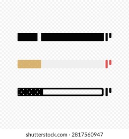 Minimalist vector icon set of lit burning cigarettes with smoke trails at the tip. Features solid black, realistic colored, and patterned filter line art variations.