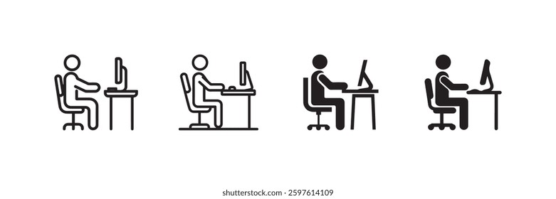 Minimalist vector icon set of a person working on a computer at a desk in various styles perfect for office workplace technology and business-related designs.