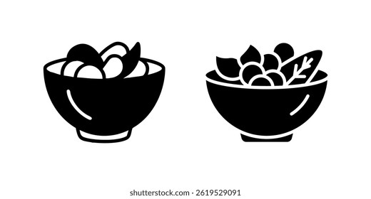 Um conjunto de ícones de vetor minimalista mostrando tigelas de salada, adequado para uma alimentação saudável e projetos de cozinha.