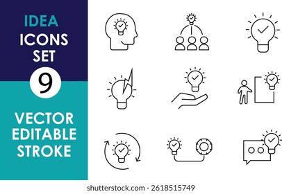 Minimalist vector icon set showing ideas and creativity: light bulbs, head with bulb, team brainstorming, hand holding bulb, gears, speech bubble, arrows, editable stroke