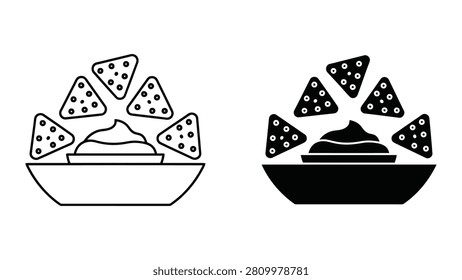 A minimalist vector icon set showing a bowl of dip surrounded by crunchy tortilla chips in outline and solid.
