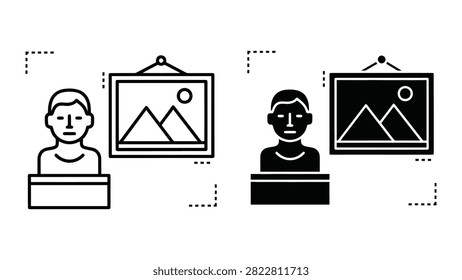 A minimalist vector icon set showing a person viewing a framed landscape painting in a museum or art gallery.