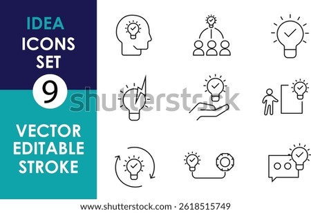 Minimalist vector icon set showing ideas and creativity: light bulbs, head with bulb, team brainstorming, hand holding bulb, gears, speech bubble, arrows, editable stroke
