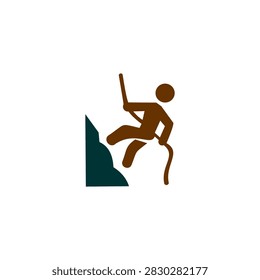 A minimalist vector icon showing a brown silhouetted climber abseiling or rappelling down a dark teal cliff face with a rope, isolated against a solid white background.