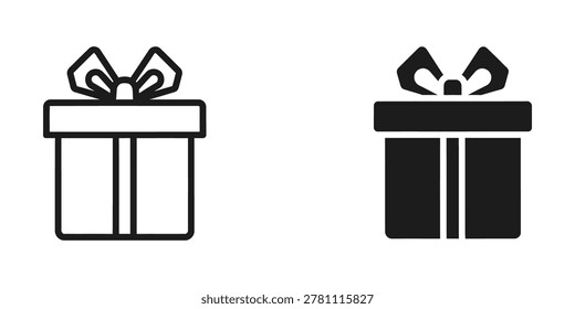 Minimalist vector icon showing a gift box with a decorative bow and ribbon, presented in contrasting black and white colors for versatile use.