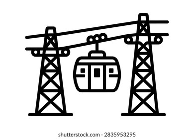 A minimalist vector icon showing a mountain ski lift gondola suspended between two steel support towers on a cable.