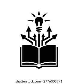 A minimalist vector icon showing an open book with a lightbulb emitting multiple upward arrows, symbolizing ideas and knowledge spreading.