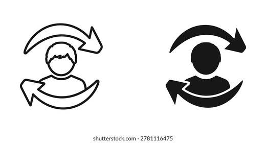 A minimalist vector icon showing a person silhouette surrounded by circular arrows suggesting feedback, thought process, or communication flow.