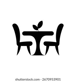 Minimalist vector icon shows a black silhouette of a round restaurant table with two chairs and two leaves centered on a white background.