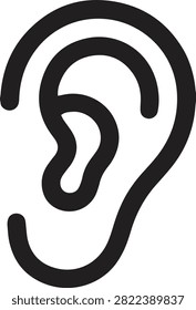 Minimalist vector icon silhouette of a human ear anatomical profile for hearing, medical diagnosis, and otology.