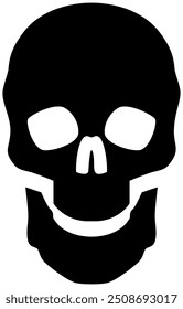 Ícone vetor minimalista de uma caveira em preto e branco, apresentando um design simples e arrojado. O gráfico é perfeito para uso em temas de Halloween, logotipos, sinais de aviso ou qualquer projeto que exija um visual limpo