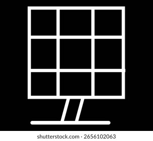 Ícone vetorial minimalista de um painel solar, representando soluções de energia renovável, sustentabilidade e energia limpa. Projetado em branco sobre um fundo preto, este símbolo é ideal para web eco tecnologia.