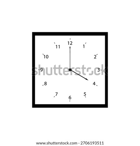 Minimalist vector icon of a square-faced analog clock showing four oclock sharp, perfect for design projects needing clean time or late-afternoon schedule graphics