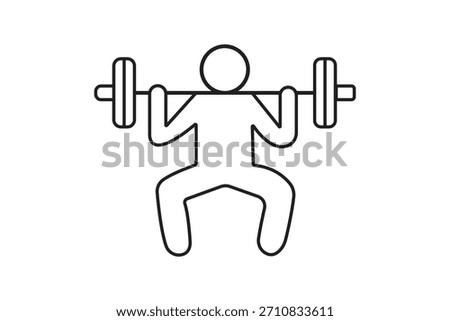 Minimalist Vector icon of a Stick figure exercising with barbell outline squat strength training fitness and exercise concept . Gym activity concept. Sport training workout exercise.