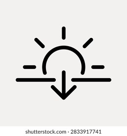 Minimalist vector icon of a sunset with sun rays and an arrow pointing down, symbolizing download or sunset concept. Black lines on a white background.