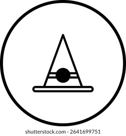 Minimalist vector icon of a traditional wizard's hat inside a circular frame design