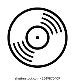 Ícone vetor minimalista de um disco de vinil, representando música, nostalgia e som retro em um design limpo. Traçado editável.