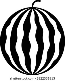Minimalist vector icon of a watermelon featuring black stripes and a stem on a clean background