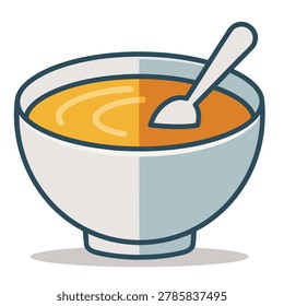 A minimalist vector icon of a white bowl filled with orange soup and a spoon inside, isolated on a white background.