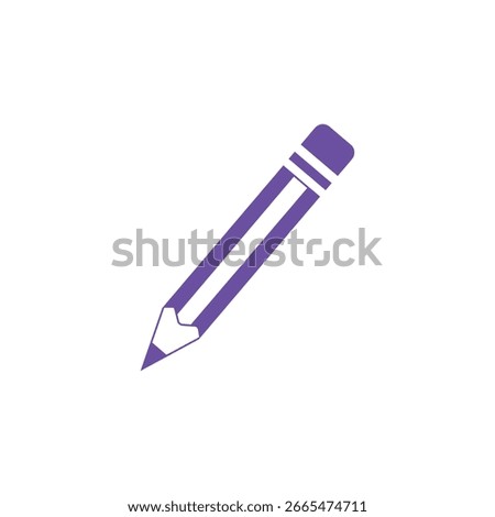 Minimalist vector icon of a white pencil with dual purple bands and a purple eraser, rendered in flat style with clean edges.