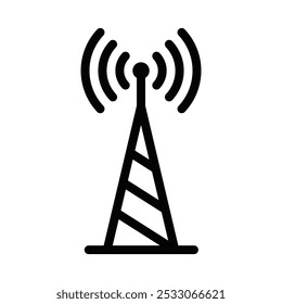 Ícone de vetor minimalista de uma torre de antena sem fio, representando comunicação, transmissão ou conectividade sem fio. Traçado editável.