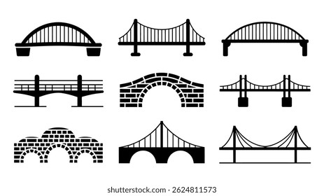Minimalist Vector Icons of Bridges and Structures in Black Silhouette Style