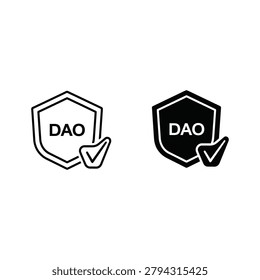 Minimalist vector icons of DAO shield badges with checkmarks, representing decentralized autonomous organization approval and verification.