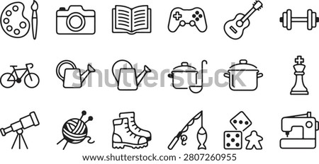 Minimalist vector icons depicting different leisure activities and hobbies in black and white.