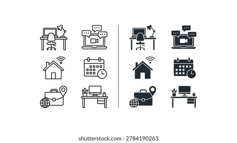 Minimalist vector icons depicting remote work, video calls, Wi-Fi, travel, and home office setup in black and white style.