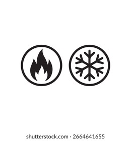 Minimalist vector icons of fire and snowflake representing hot and cold temperature, perfect for weather, heating, cooling, and climate control design projects.