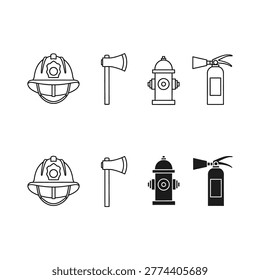 Minimalist vector icons of firefighter helmet, axe, fire hydrant, and extinguisher in two styles for safety and emergency graphics.