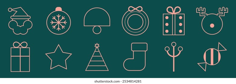 Minimalist vector icons in line art style, featuring Christmas themes in pink on a dark green background. Line art vector style. Minimal Christmas illustration element set, including santa hat.