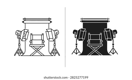 Minimalist vector icons of a photography studio setup with lighting equipment and a director chair.