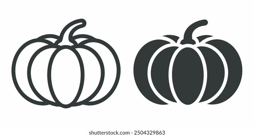 Minimalist vector icons of pumpkins, ideal for projects related to Thanksgiving, harvest season, or autumn decorations. Clean and versatile black and white style.