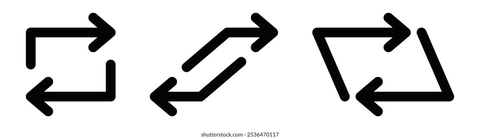 Minimalist vector icons of repeat arrows, ideal for refresh, update, and navigation purposes in digital and web design. Editable stroke.