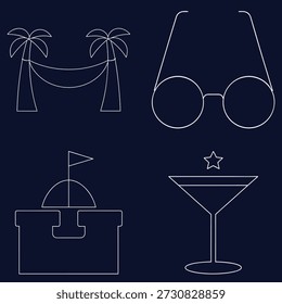 Conjunto de Ícones Vetoriais Minimalistas com Elementos Tropicais, Óculos de Sol, Golfe e Um Cocktail, Perfeito para Desenhos de Verão e Temas de Férias