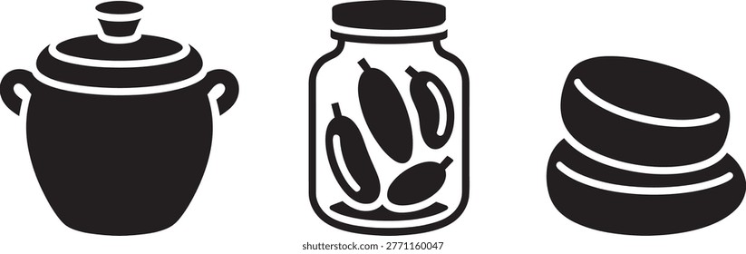 A minimalist vector icons set showcasing kitchen and food preservation items. It includes a lidded cooking pot, a jar with 3 pickled gherkins, and 2 stacked bo.