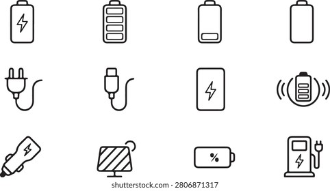 Minimalist vector icons showing battery levels, charging, and power symbols for digital use
