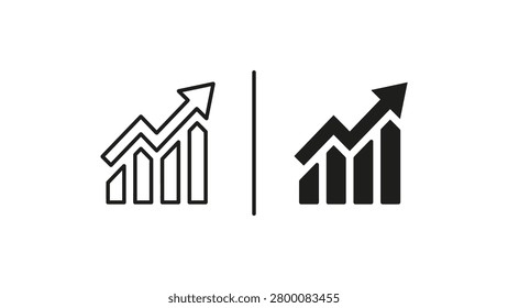 Minimalist vector icons showing a comparison between two upward growth charts with increasing bars and arrows, ideal for business, finance, and analytics presentations.