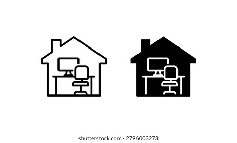 Minimalist vector icons showing a home office setup with a person sitting at a desk and working on a computer. Two versions: white outline on transparent background and black outline on transparent background.