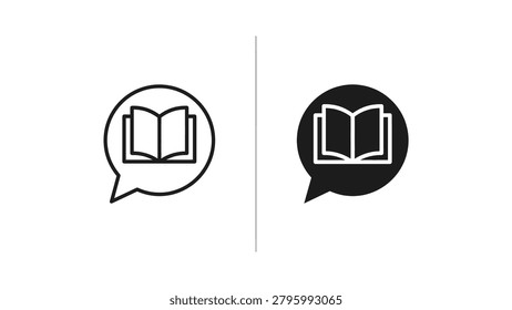 Minimalist vector icons showing a speech bubble containing an open book graphic, available in white and black versions for various design needs.