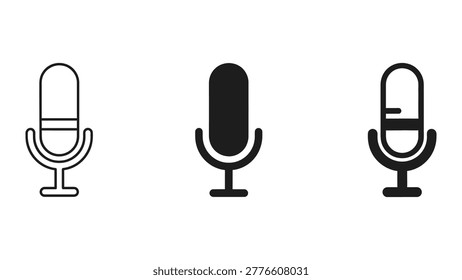 Minimalist vector icons showing three microphone designs with varying fill styles for use in presentations, apps, or media projects.