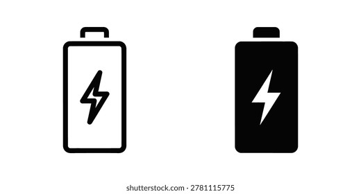 Minimalist vector icons showing a white battery with a lightning bolt and a black battery with a white lightning symbol for energy or power concepts.