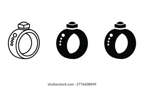 Minimalist vector icons of three modern rings featuring small dots and a hexagonal top element, perfect for jewelry or tech design projects.