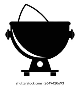 O vetor minimalista ilustra um caldeirão preto colocado em um suporte, perfeito para ícones, logotipo ou representação visual simplificada. O fundo é transparente para uso versátil.