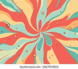 Minimalist vector illustration of abstract mountains in orange, blue, and beige with dark pine forest silhouette, retro style background for posters, prints, and digital design.