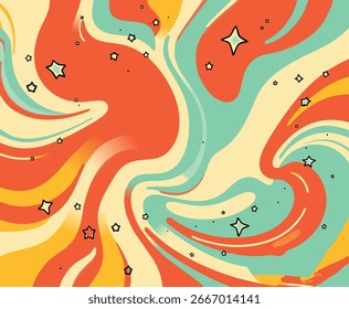 Minimalist vector illustration of abstract mountains in orange, blue, and beige with dark pine forest silhouette, retro style background for posters, prints, and digital design.